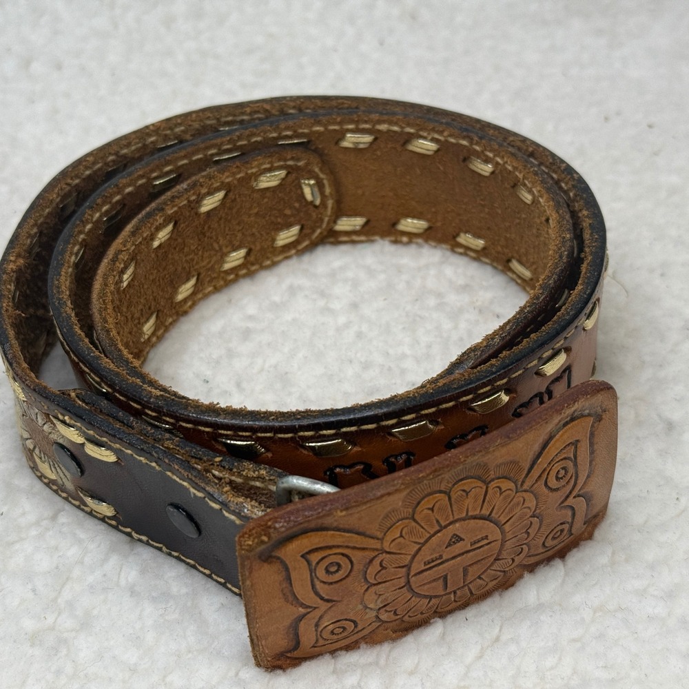 Vintage Hand Tooled Leather Belt Brown Southwestern Sunburst KING Ranch Wear M L